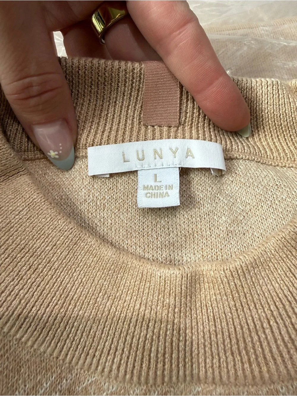 Lunya Cozy Cotton Silk Pullover Sweater Nutmeg Windowpane Tan NWT Large NEW - Picture 6 of 10